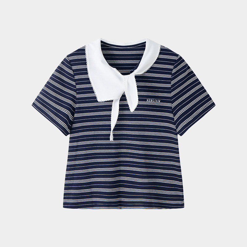 HERLIAN 2025夏季新品女士领口系带蝴蝶结设计短版条纹T恤