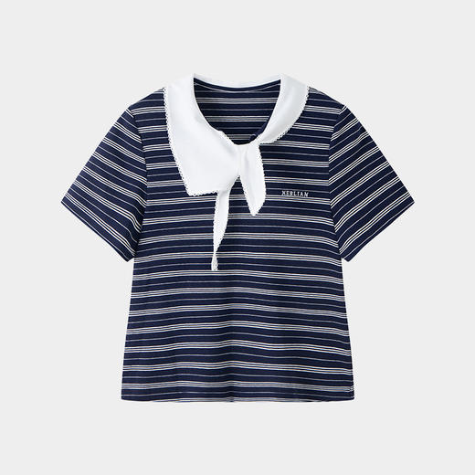 HERLIAN 2025夏季新品女士领口系带蝴蝶结设计短版条纹T恤 商品图0