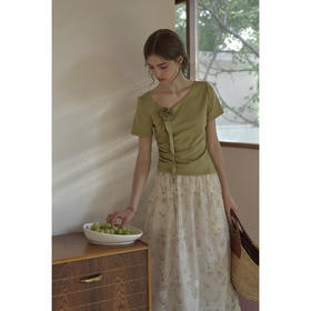 SimpleRetro斜裁V领立体花捏褶精棉针织T恤