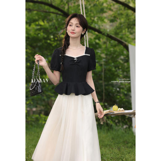 【65折秒杀】鹿向南「轻纱曼舞」假两件法式女连衣裙夏设计感高腰a字短袖长裙L55667 商品图1