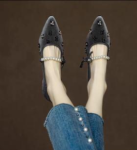 小香名媛真丝金丝绒珍珠尖头方跟鞋凉鞋