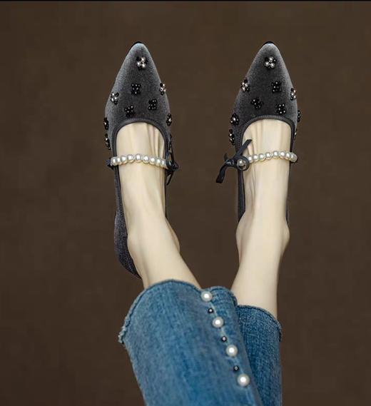 小香名媛真丝金丝绒珍珠尖头方跟鞋凉鞋 商品图0