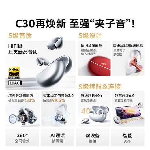QCY Crossky C30S 耳夹耳机 不入耳开放式无线蓝牙耳机 舒适稳固佩戴长续航  赤霞红 商品图2