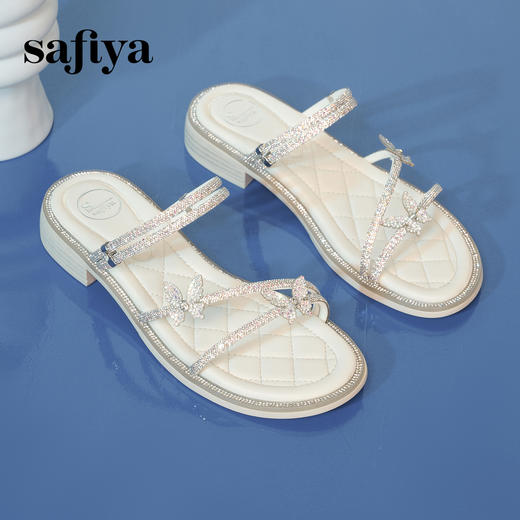 预售7天|Safiya/索菲娅2025仙女风闪钻蝴蝶一字带低跟两穿平底凉拖鞋 SFD2110410 商品图7
