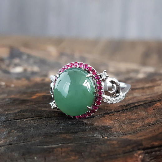 【天然正品】A货翡翠AU750白金镶钻镶天然冰种湖水蓝蛋面翡翠戒指17号（戒圈可改）女士220425NJM29 商品图3