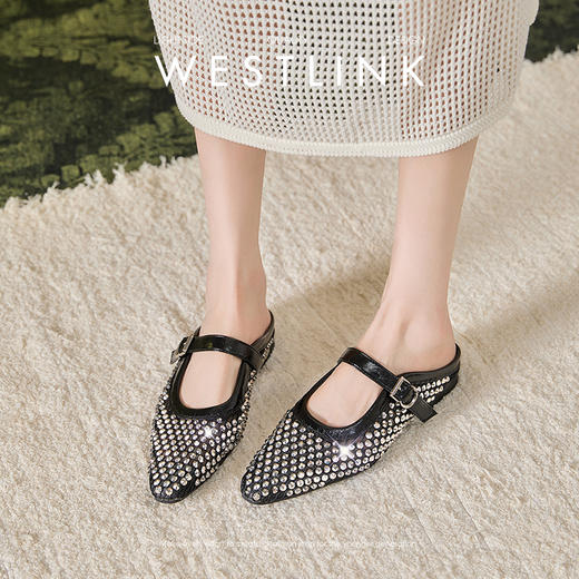 西遇网面包头半拖鞋女外穿新款夏季水钻一脚蹬单鞋平底穆勒鞋V1256863 商品图2
