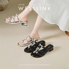 西遇外穿绝美凉拖鞋女夏新款法式水钻蝴蝶结银色中跟粗跟凉鞋V1156795 商品缩略图0