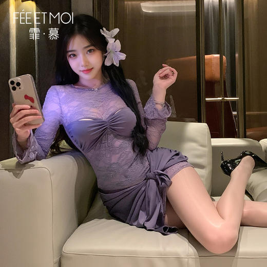 霏慕 纯欲名媛透视长袖连衣裙ZY12 商品图1