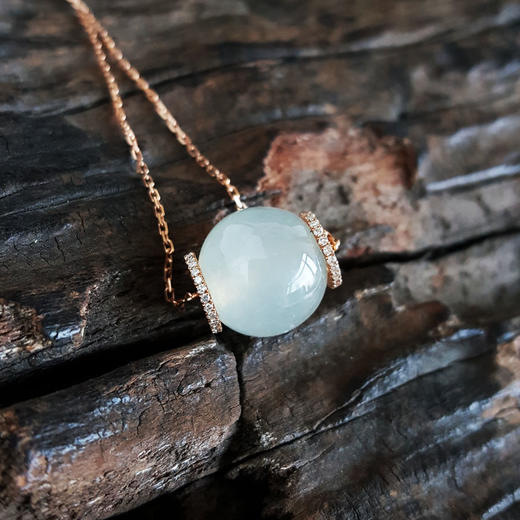 【天然正品】A货翡翠AU750玫瑰金镶钻镶12mm冰种白色圆珠翡翠吊坠项链吊坠：14.0*11.8*15.0MM / 项链：40CM（长度可调节）女士现售价：4880！220325AH49 商品图6