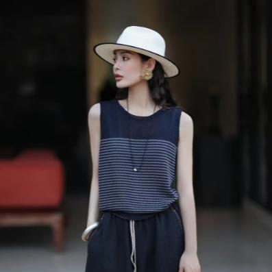 【à perles】亚麻天丝条纹圆领无袖背心 商品图1