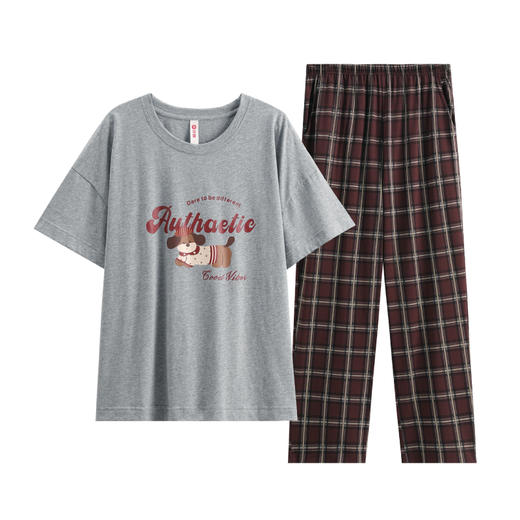 芬腾睡衣女款夏季短袖长裤薄款休闲可爱圆领套头可外穿家居服套装 商品图4