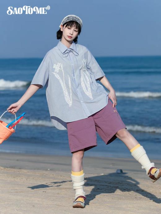 早乙女惠子saotome/STMCS252175/鲜花蕾丝贴布绣条纹短袖衬衫 商品图1