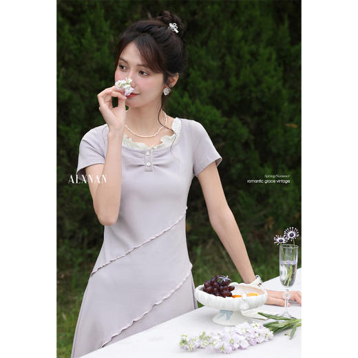 【6折秒杀】鹿向南「槿上花语」法式紫色短袖连衣裙夏新款拼色收腰气质长裙女DYL661792 商品图1