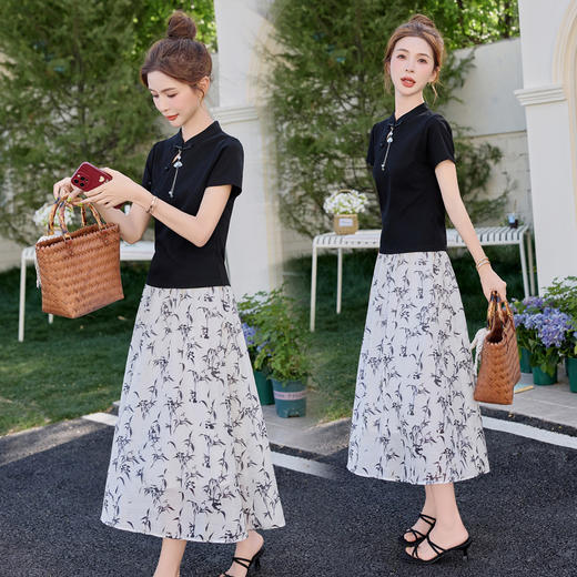 新中式国风短袖盘扣上衣，印花半身裙洋气休闲两件套BBL2591 商品图1