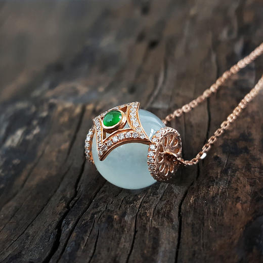 【天然正品】A货翡翠AU750玫瑰金镶钻镶12mm冰种白色圆珠翡翠吊坠项链吊坠：14.0*11.8*15.0MM / 项链：40CM（长度可调节）女士现售价：4880！220325AH49 商品图5