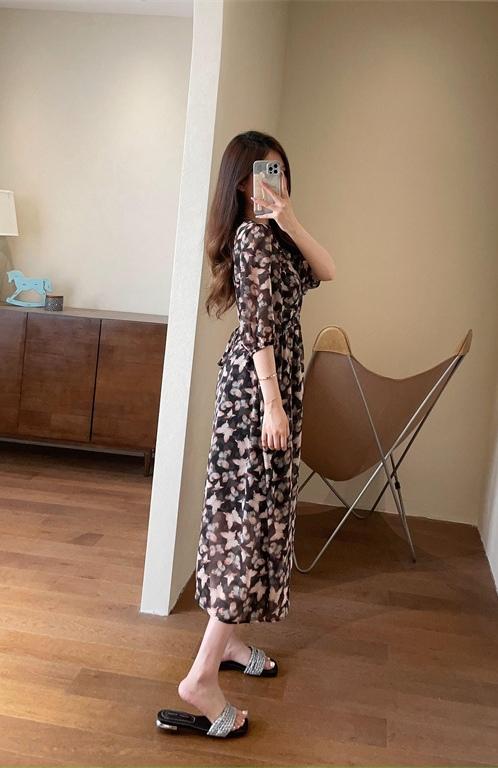 法式优雅蝴蝶印花V领乔其纱雪纺裙长款收腰显瘦连衣裙 商品图6