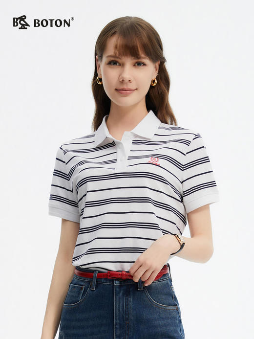波顿夏季短袖黑白色条纹女士polo衫t恤高端美式休闲上衣LT328225 商品图1