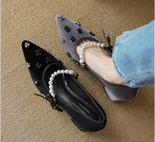 小香名媛真丝金丝绒珍珠尖头方跟鞋凉鞋 商品图8