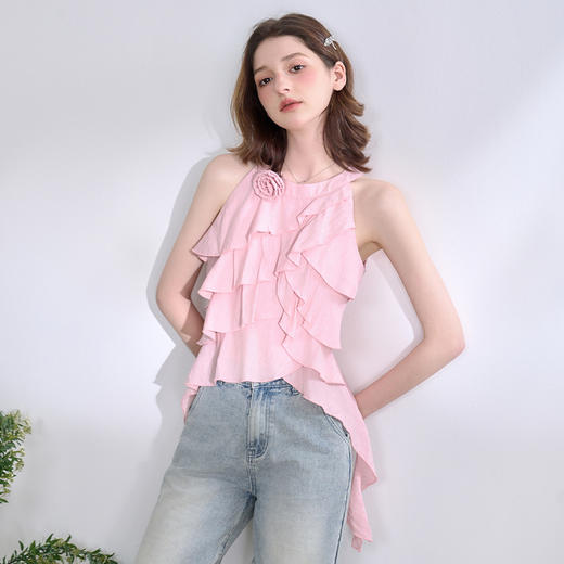 【伊甸园玫瑰】纯欲不规则荷叶边挂脖无袖衬衫女春夏衬衣V0750288 商品图2