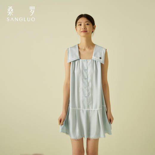 桑罗海军风真丝无袖连衣裙100%桑蚕丝休闲度假风女夏2025年新款 商品图1