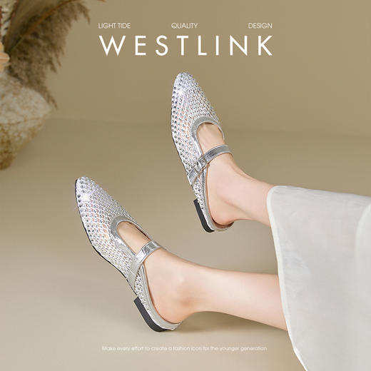 西遇网面包头半拖鞋女外穿新款夏季水钻一脚蹬单鞋平底穆勒鞋V1256863 商品图1