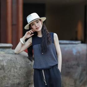 【à perles】亚麻天丝条纹圆领无袖背心