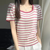 丁摩 冰丝圆领条纹针织短袖女士休闲宽松拼色T恤夏百搭套头打底上衣薄5ZF-  FA-236 商品缩略图1