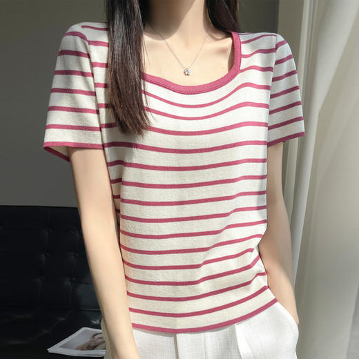 丁摩 冰丝圆领条纹针织短袖女士休闲宽松拼色T恤夏百搭套头打底上衣薄5ZF-  FA-236 商品图1