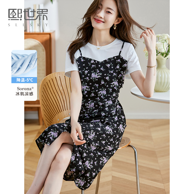 【专属特价】熙世界浪漫复古穿搭连衣裙夏季新款女短袖假两件套吊带碎花裙子
