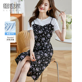 【专属特价】熙世界浪漫复古穿搭连衣裙夏季新款女短袖假两件套吊带碎花裙子
