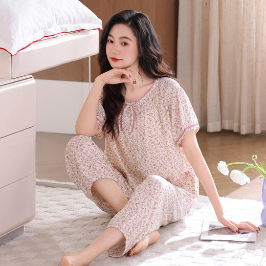 雀说 夏季梭织纯棉短袖七分裤薄款家居服睡衣 商品图5
