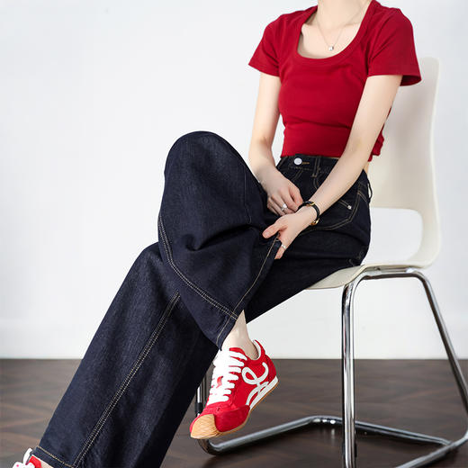 【限时秒杀】设计感车缝线复古深蓝牛仔裤女直筒裤V0050784 商品图3