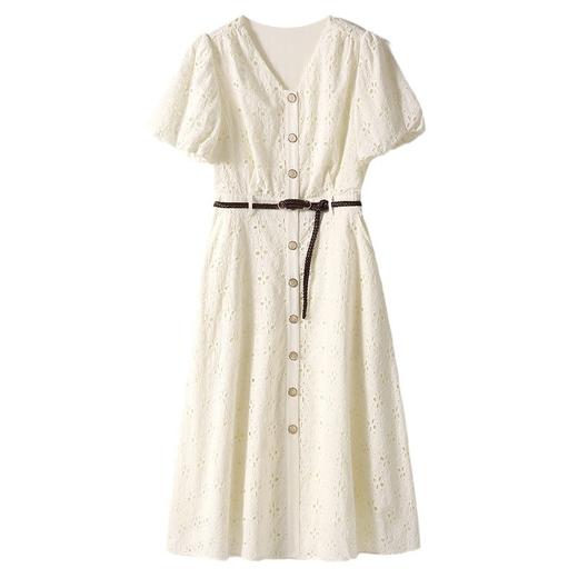 丁摩 精梳棉蕾丝镂空气质小白裙 高级感法式收腰连衣裙QO4051 商品图4