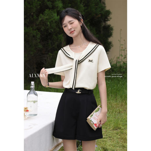 鹿向南「海岛假期」杏色条纹约会海军领短袖上衣女夏新学院风T恤 商品图2