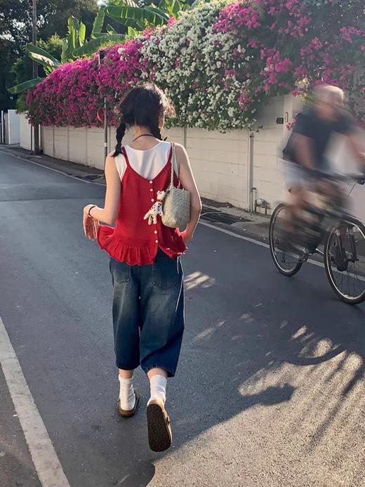 浮生八记/25A060/法式复古针织贝壳排扣花边下摆吊带衫 商品图2
