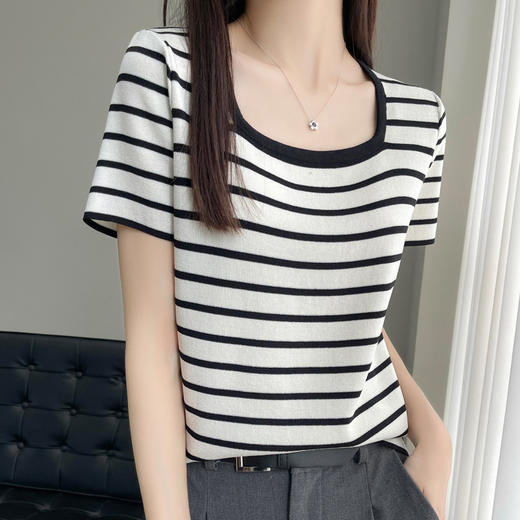 丁摩 冰丝圆领条纹针织短袖女士休闲宽松拼色T恤夏百搭套头打底上衣薄5ZF-  FA-236 商品图6
