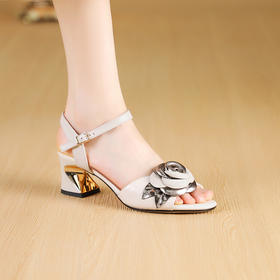 【预售5天】夏季新款真皮花朵露趾凉鞋女粗跟时装仙女鞋一字扣带高跟鞋JLD&503