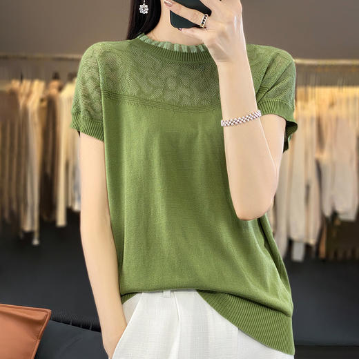 丁摩 夏季薄款镂空针织衫女新款天丝短袖T恤欧根纱木耳边小衫5ZF-NS-2399 商品图8