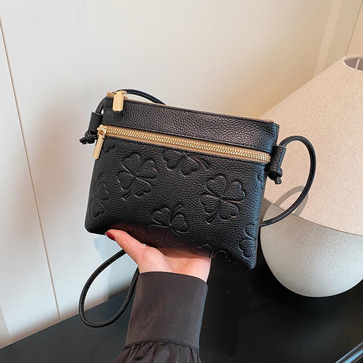 雀说 真皮菱格压花单肩包四叶草斜挎包小方包2037 商品图7