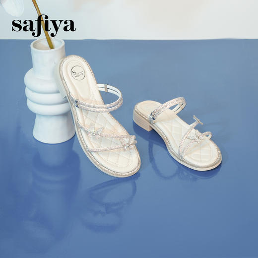 预售7天|Safiya/索菲娅2025仙女风闪钻蝴蝶一字带低跟两穿平底凉拖鞋 SFD2110410 商品图6