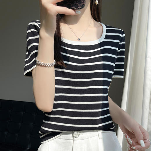 丁摩 冰丝圆领条纹针织短袖女士休闲宽松拼色T恤夏百搭套头打底上衣薄5ZF-  FA-236 商品图7