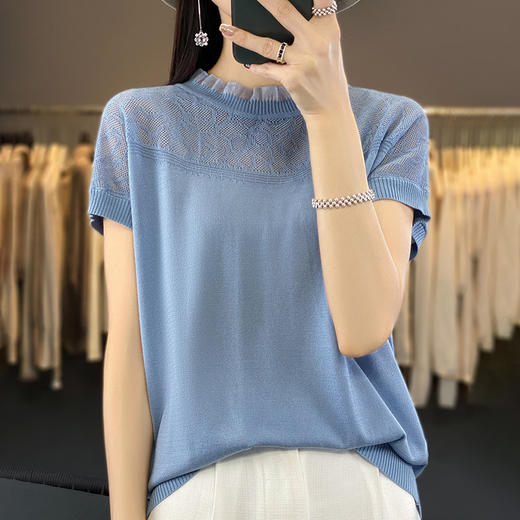 丁摩 夏季薄款镂空针织衫女新款天丝短袖T恤欧根纱木耳边小衫5ZF-NS-2399 商品图1