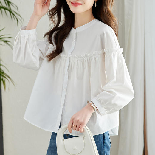 丁摩 波点圆领衬衫女长袖夏季宽松休闲上衣木耳边纯棉衬衣5ZF-52180 商品图7