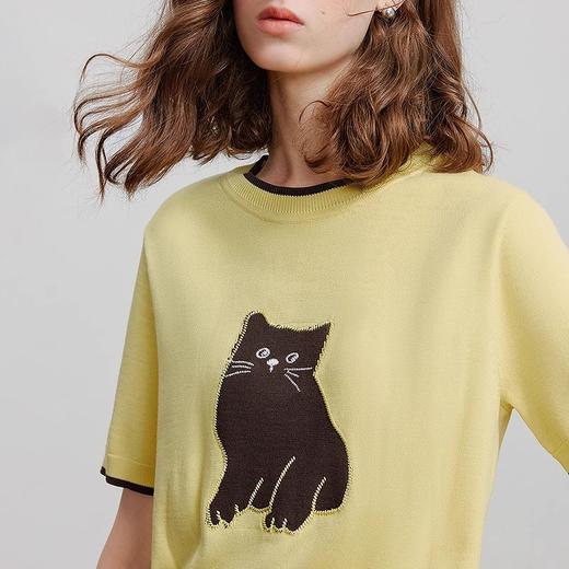 初语撞色编织猫咪提花短袖针织衫女2025夏新款冰爽丝可露丽风上衣 商品图1