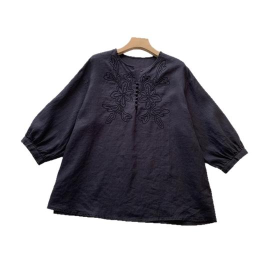 简约随性！亚麻V领精致刺绣花朵显瘦透气清爽慵懒舒适衬衫！ 商品图4