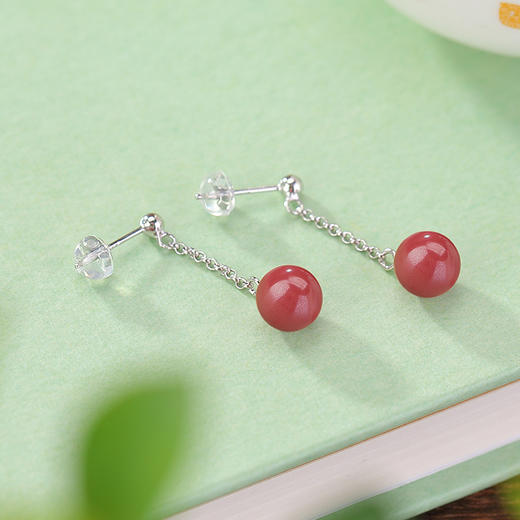 【落霞】S925纯银朱砂帝王砂亮银圆珠耳饰【CW-ED03773】 商品图2