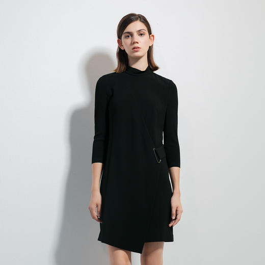 L191Y0310091136   LAUREL  歌力思集团-Laurel黑色立领七分袖不对称中长款春装衬衫裙连衣裙 商品图1