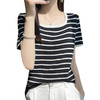 丁摩 冰丝圆领条纹针织短袖女士休闲宽松拼色T恤夏百搭套头打底上衣薄5ZF-  FA-236 商品缩略图4