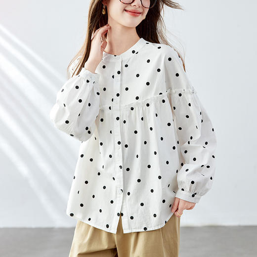 丁摩 波点圆领衬衫女长袖夏季宽松休闲上衣木耳边纯棉衬衣5ZF-52180 商品图1
