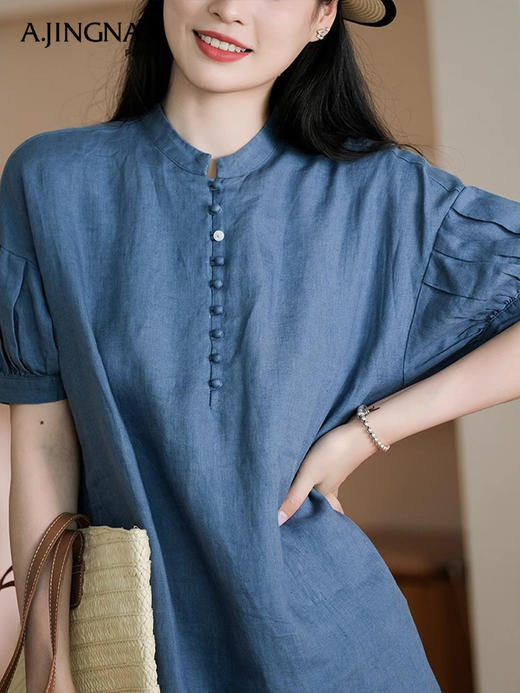 【清爽透气】阿菁娜新中式亚麻气质立领直筒连衣裙F30X212028 商品图3